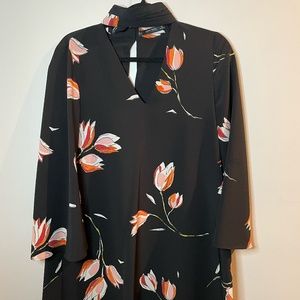 Zara Basic - Medium - Black Floral Mini Dress- Flare Sleeves - V Neck - Cuff